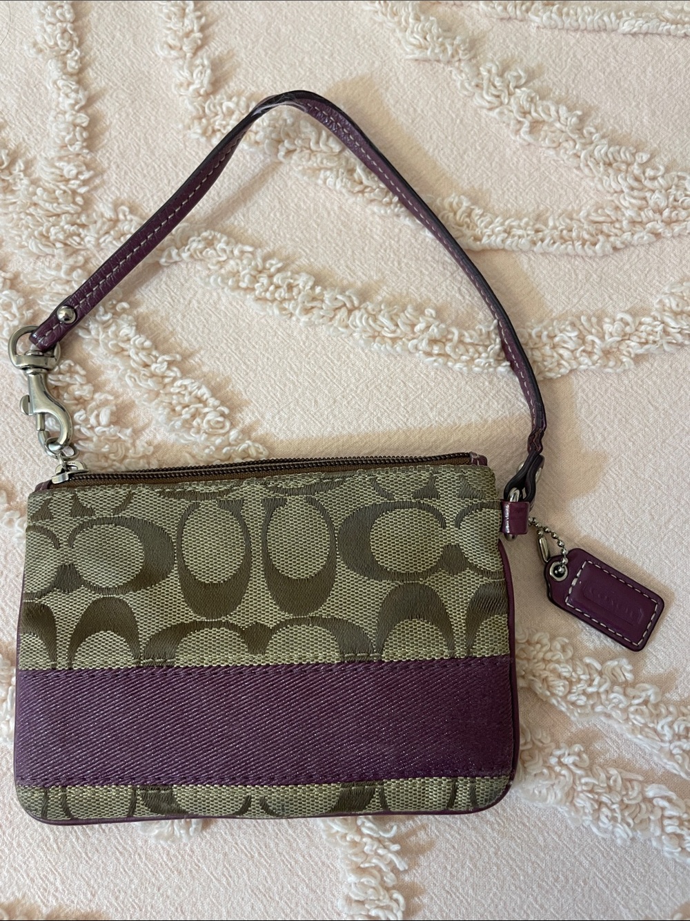 Coach Signature Canvas Wristlet with Purple Leather Trim